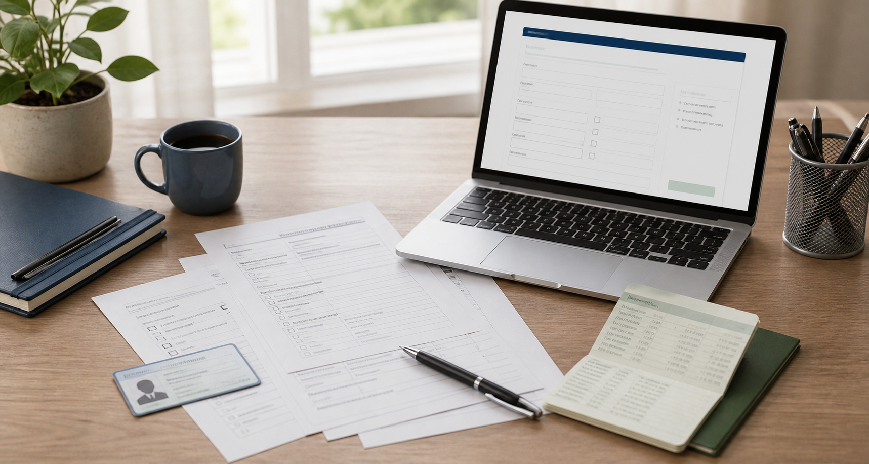 Desk with account opening forms, documents and laptop